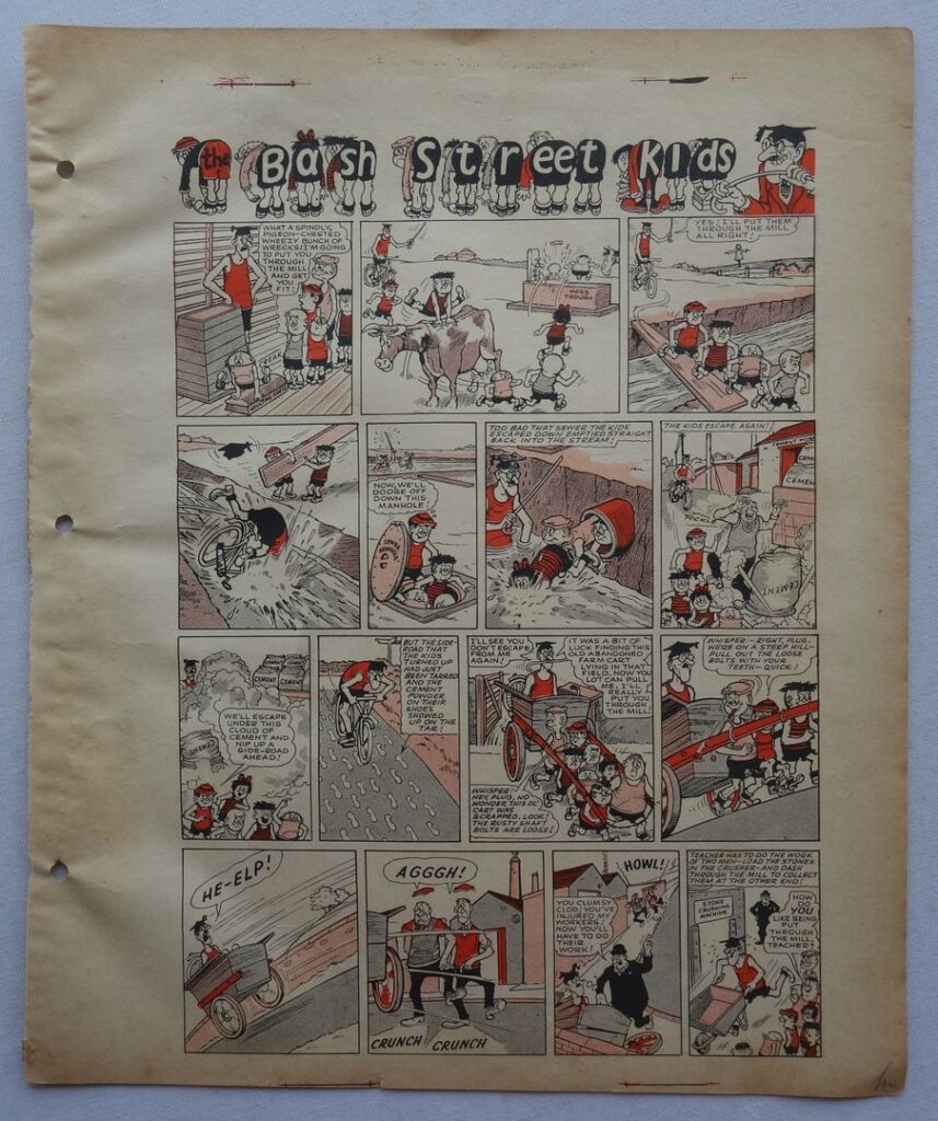 A "The Bash Street Kids" printer's proof featuring art by Leo Baxendale, for The Beano No. 903, cover dated 7th November 1959. A rare item, with only a handful of printer's proof items from the Beano having appeared on the market over the years. This Bash Street Kids  proof was printed at the same size as the comic, but with wider borders, so is larger than the comic and measures 11.75 x 9.75 inches. It was once bound into a booklet of others and has three hole punches to the left edge

