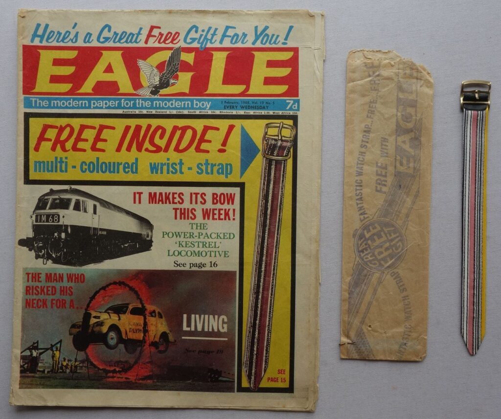 Eagle Volume 19 No. 5, cover dated 3rd February 1968, with its Free Gift Wrist Strap - not the most exciting of giveaways, but like new