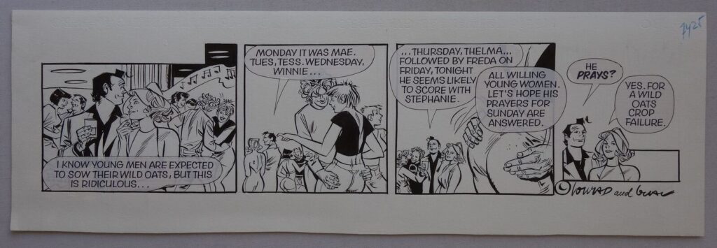 George and Lynn No. 1425 Original Comic Art by Josep Gual, published in The Sun newspaper sometime in the early 2000s. Phil-Comics acquired this page of artwork from a bookseller who used to live in London next door to the scriptwriter, Conrad Frost. Conrad wrote the scripts for the "George and Lynn" strip, published daily in The Sun newspaper for many years. You can imagine how relentless it must have been to come up with a storyline, simple yet clever, every day without fail. So he asked his bookseller neighbour to supply joke books from his shop to provide inspiration, which he duly did. Apparently Conrad was paid £250 per script, so was quite a well paid chap to say the least. Upon his death, the book seller acquired a handful of original drawings from Conrad's wife