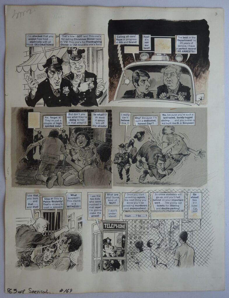 A large page of original comic artwork by the late Mort Drucker for page 6 (which was page 3 of an 8 page story) of "Serpicool" for Mad Magazine #169 (1974). The story is based on the 1973 Al Pacino film "Serpico" that also led to a TV series. Drucker was a master of the caricature and he's done a fine job with Al Pacino here. Even with damage to the lettering, it's a smashing artwork
