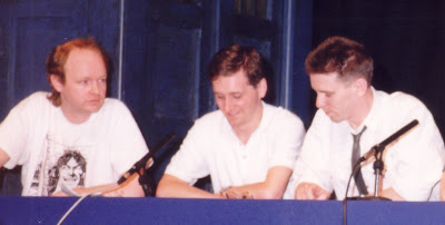 A hirsute John (on the left) with Telos publisher David J Howe and Sarah Jane Adventures script editor Gary Russell at the DWM panel at Galaxicon in 1990
