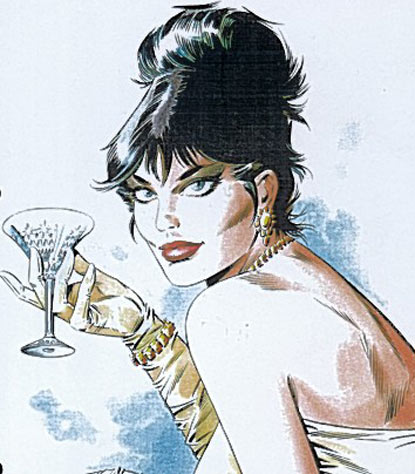 Modesty Blaise toasts her maker. Art by Enrique Badia Romero