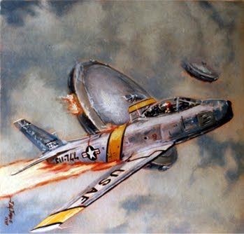 Josè's art for the cover of Commando issue 3177, "Fatal Contact", showing an American Sabre jet's encounter with two flying saucers