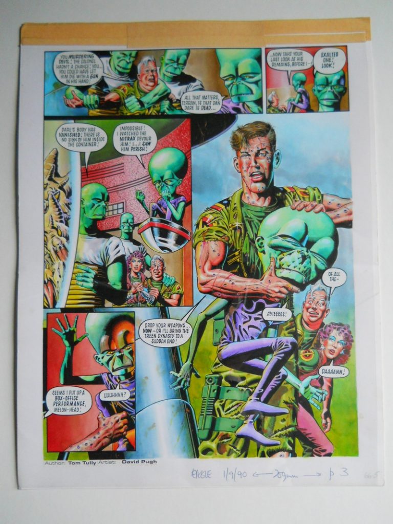 A page from the Dan Dare story “Green for Danger” from new Eagle, published in 1990. Art by David Pugh 