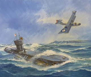 World War One Royal Navy E Class submarine with a flying boat - art by Ron Jobson