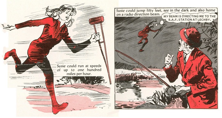 The British "Supergirl" in action, from a 1977 story drawn by Douglas Perry