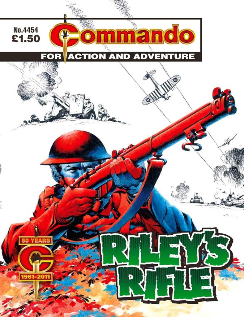 Commando 4454: Riley’s Rifle
(Originally published as issue 994 in December 1975 and re-issued as Issue 2347 in February 1990)
Script: Cyril Walker | Art: Galindo | Cover: Ian Kennedy