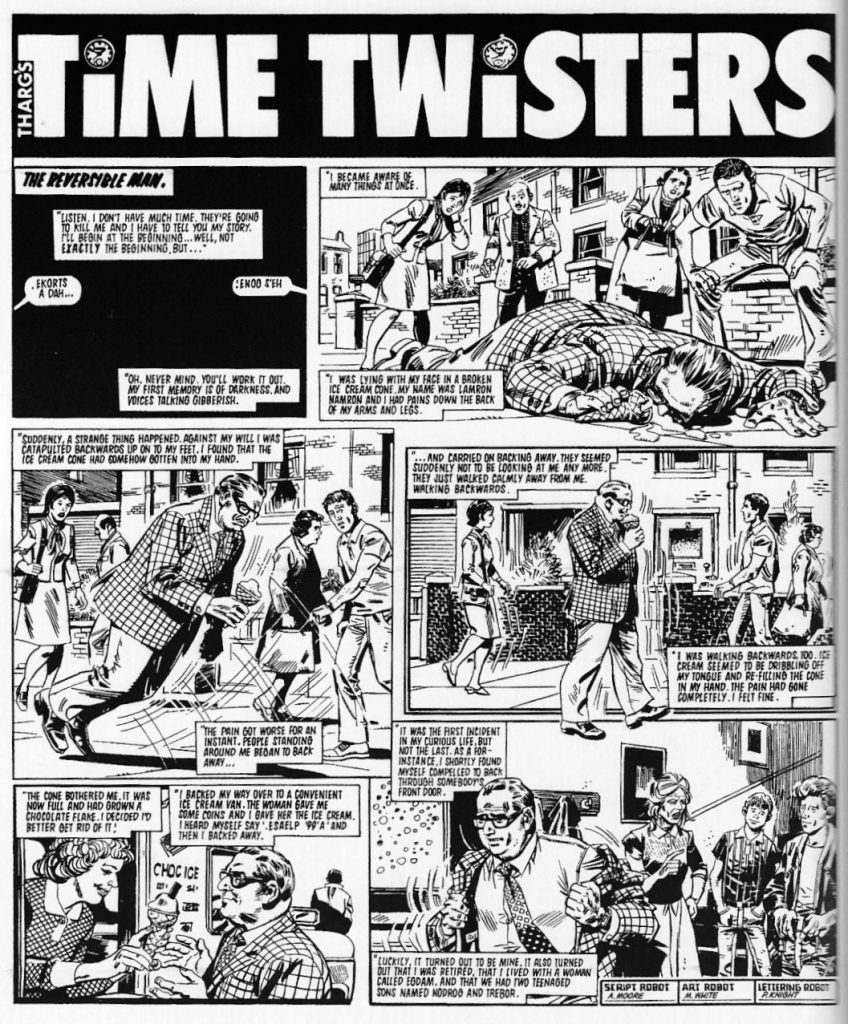 A page from the “Tharg's Time Twisters” story “The Reversible Man”, written by Alan Moore, art by Mike White