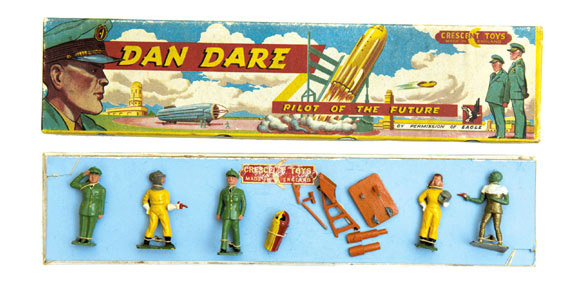 Dan Dare Figures Set (1950s) Crescent Toys in original box featuring Dan in uniform, Digby in uniform, Dan in spacesuit, Professor Peabody in spacesuit, Sondar, Rocket and (broken) Rocket Launcher