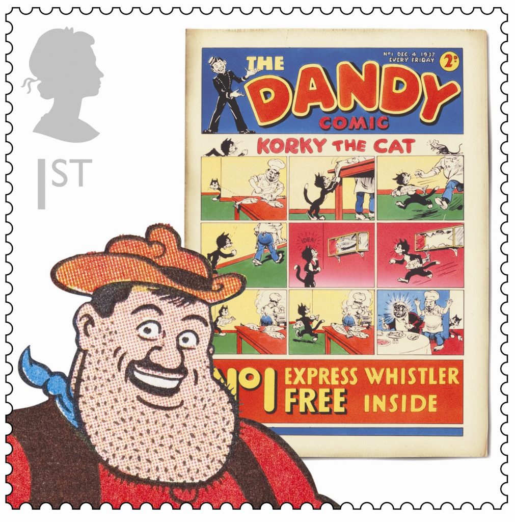 Wild-west hero Desperate Dan, who first appeared in December 1937 is the star of The Dandy stamp, released this week. The world’s strongest man, he shaves with a blow torch ands eats cow pies complete with the horns.