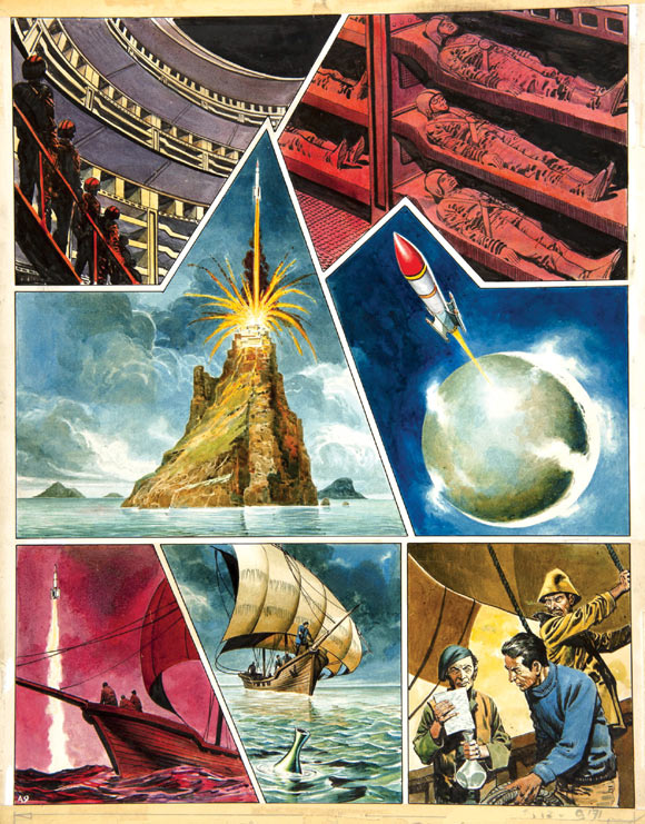 Trigan Empire original artwork (1968) by Don Lawrence from Look And Learn 2 March 1968 Thulla's craft takes off with Janno and the Trigans as prisoners forced to search for unimaginable treasure on the planet Bolus … before launch Janno manages to cast a forlorn message in a bottle … Gouache on board. 14 x 18 ins