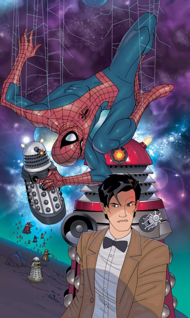 Doctor Who art by John Ross. The Doctor and Spider-man versus the Daleks