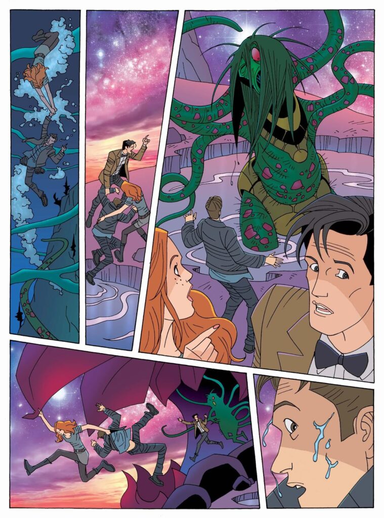 The Ponds make their final appearance in Doctor Who Adventures strip -- and are surprised to find that John Ross has drawn a giant nappy on an alien. Written by Craig Donaghy and coloured by Alan Craddock