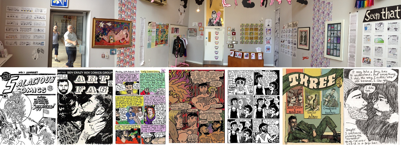 Photo of David Shenton: Those Foolish things exhibition at Space Station Sixty Five / Various comics by Sina Sparrow