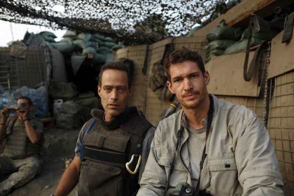 Writer Sebastian Junger (left) and photographer Tim Hetherington (right) during an assignment for Vanity Fair Magazine at Restrepo outpost in Afghanistan. Photo: Tim Hetherington