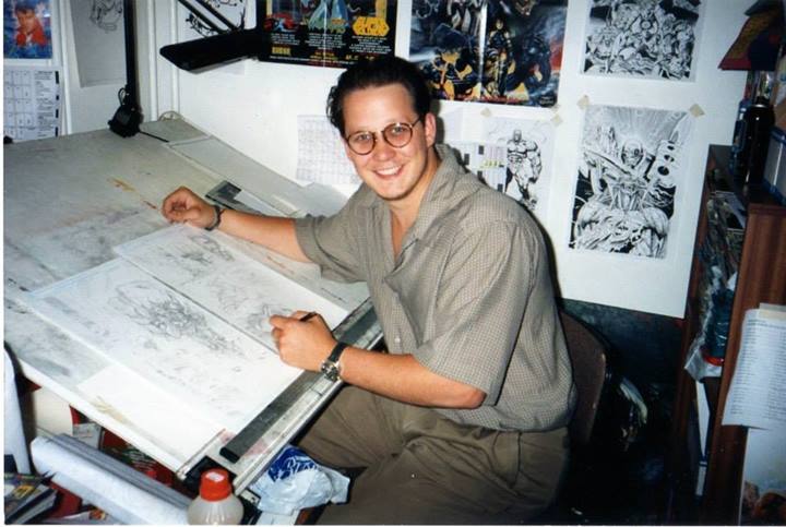 Death's Head II artist Liam Sharp in the Marvel UK 'Bullpen' - the Arundel House basement, circa 1994. Photo: Tim Quinn.