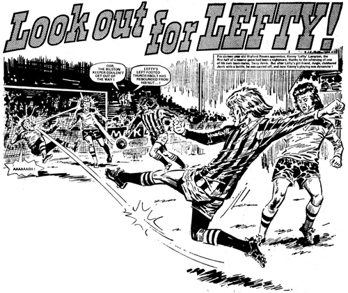 An opening panel from "Look out for Lefty", drawn by Tony Harding, the controversial strip that featured in Action in the 1970s.