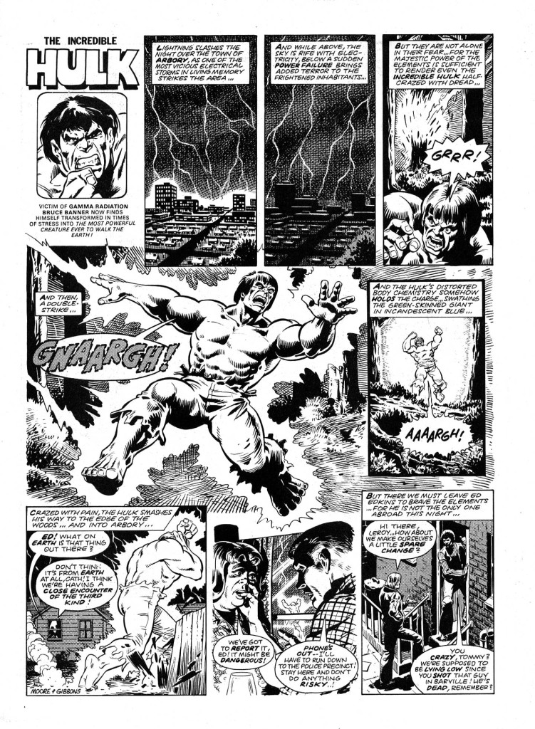 The opening page from the first Hulk Comic Hulk strip, drawn by Dave Gibbons. Art © Marvel
