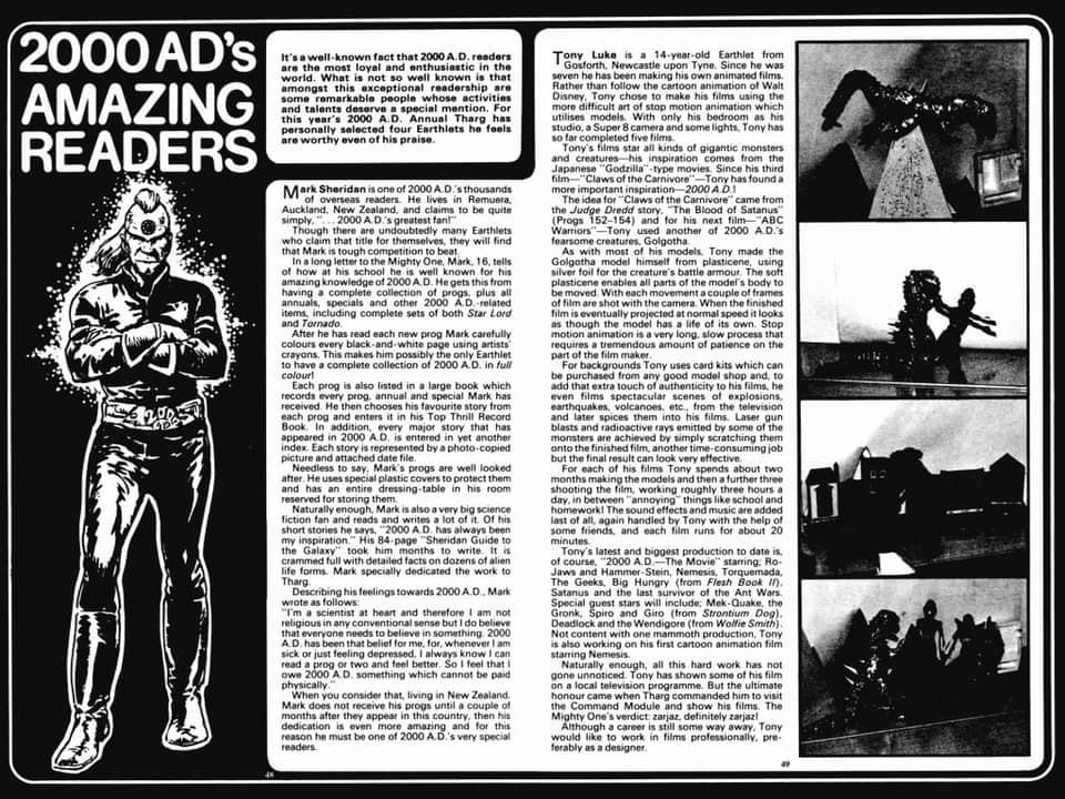 This feature appears in 2000AD Annual 1982, praising the stop motion work of the 14 year old Tony Luke, featuring stills from his A.B.C. Warriors animated short starring the son of Satanus, Golgotha.