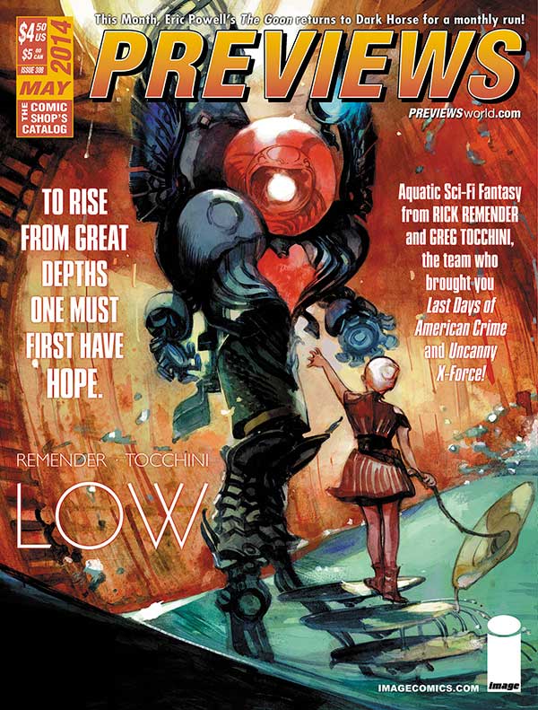 Driven beneath the ocean's waves due to environmental collapse, humanity reemerges after millennia to explore the newly alien Earth in Rick Remender and Greg Tocchini's new series Low from Image Comics.