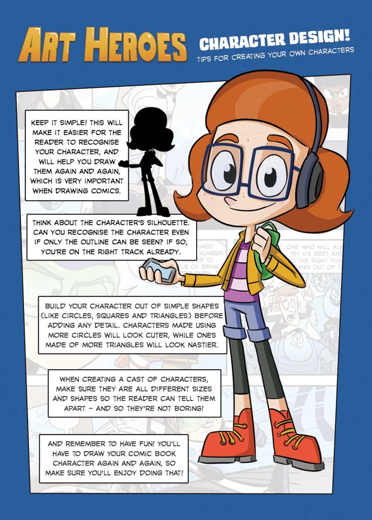 A promotional postcard from Art Heroes suggesting ways to create identifiable comic characters.