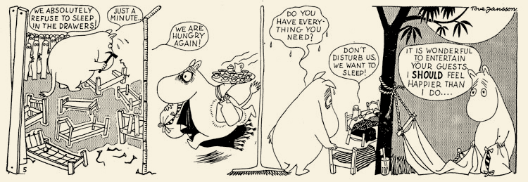 Examples of the Moomins newspaper strip created by Tove Jansson and published in the London Evening News in the 1950s.