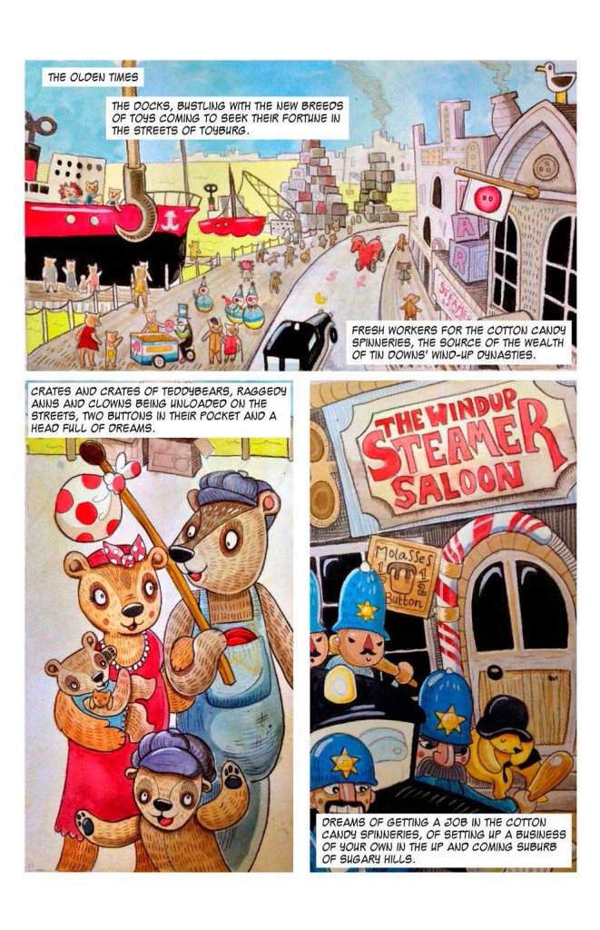 Old time Toyburg cops beat on immgrant bears in Janos Honkonen's "The Big Wind Up". Art by Saoirse Towler, letters by Mick Schubert.