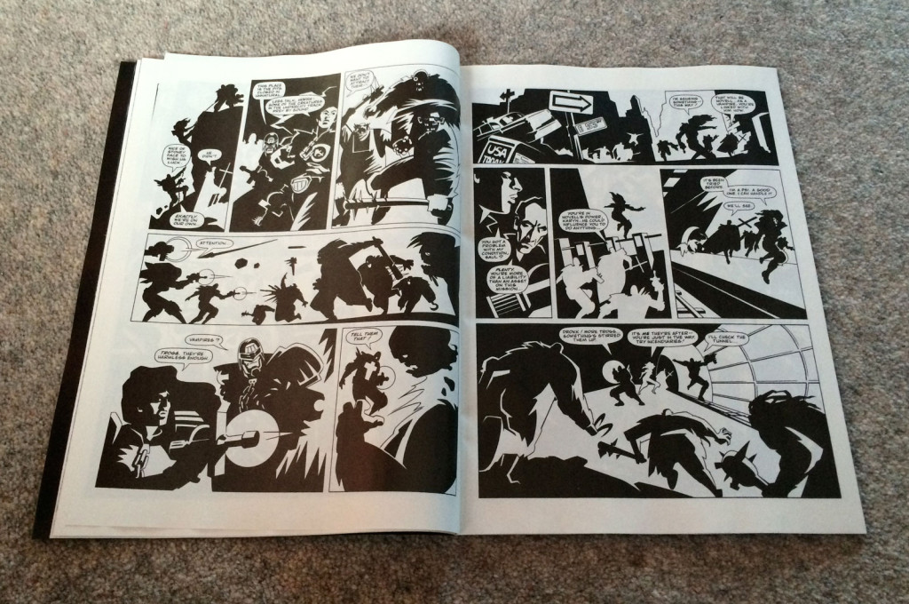 Pages from 'Concrete Sky' a Judge Karyn story for Judge Dedd Megazine first published in the 1990s, written by John Freeman,  art by Adrian Salmon, lettering by Gordon Robson