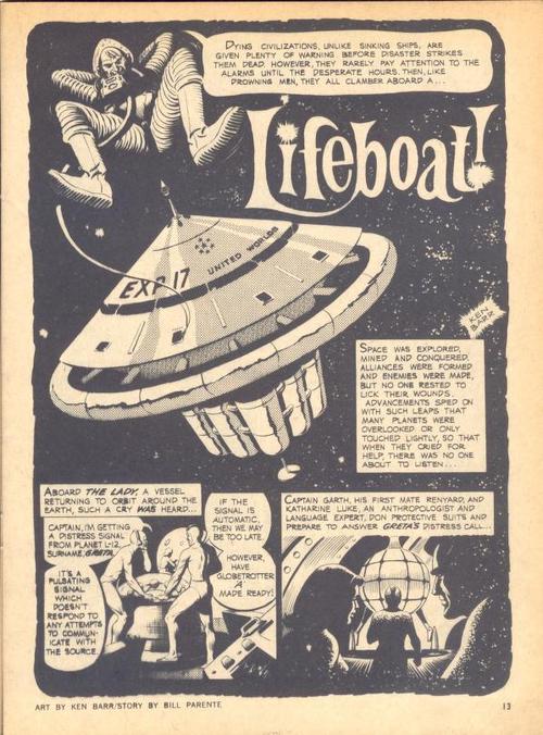 The opening page from a Creepy story, "Life Boat" drawn by Ken Barr.