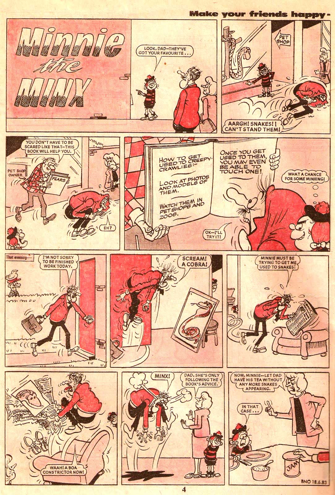 A page of Minnie the Minx drawn by Jim Petrie, published in The Beano dated 18th June 1983. Art © DC Thomson