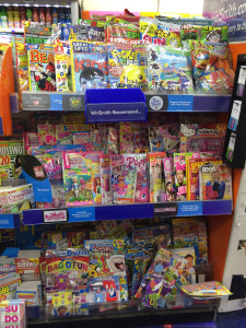 A snapshot of WH SMiths Lancaster's childrens' comics and magazines section. Titles such as 2000AD, Commando and Titan and Panini's superhero titles are racked separately with film, TV and gaming magazines.
