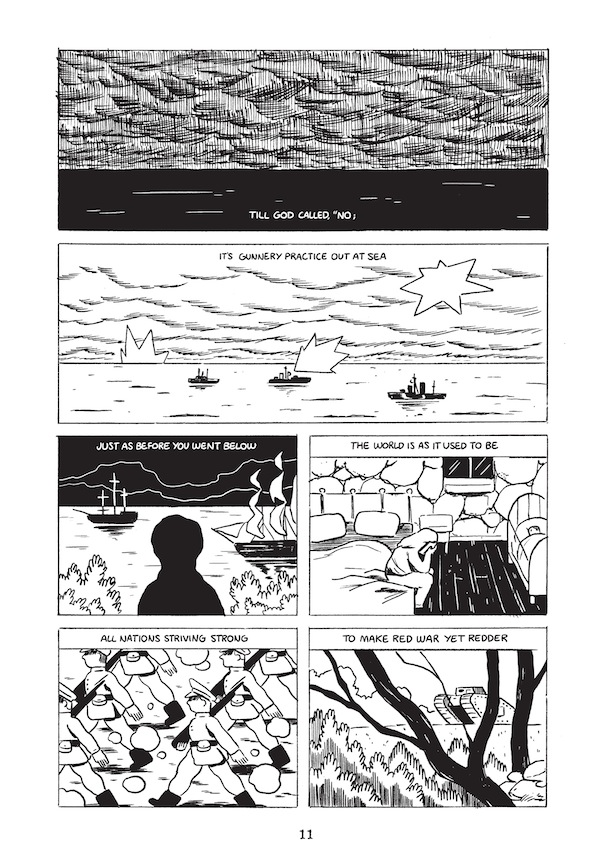 Some pages from Thomas Hardy’s “Channel Firing", illustrated by Luke Pearson.