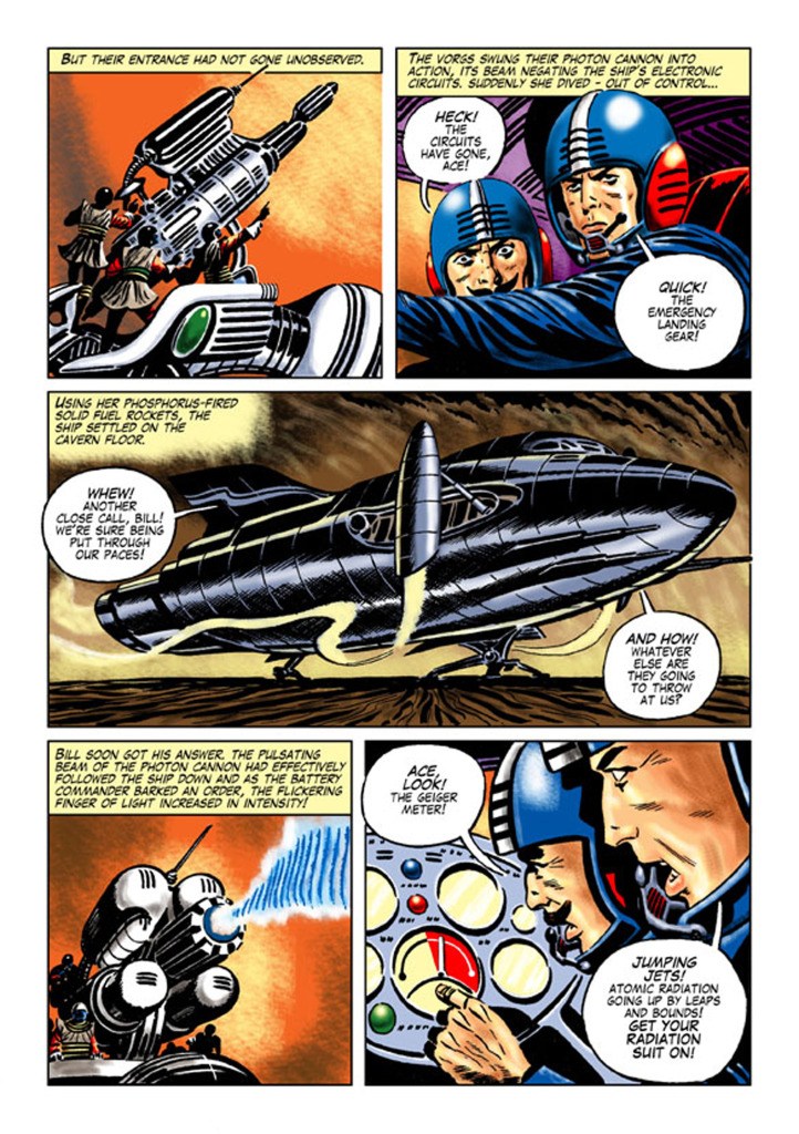 A page from "Creeping Death" which finds Space Ace battling aliens using a deadly lava flow as a weapon against their enemies.