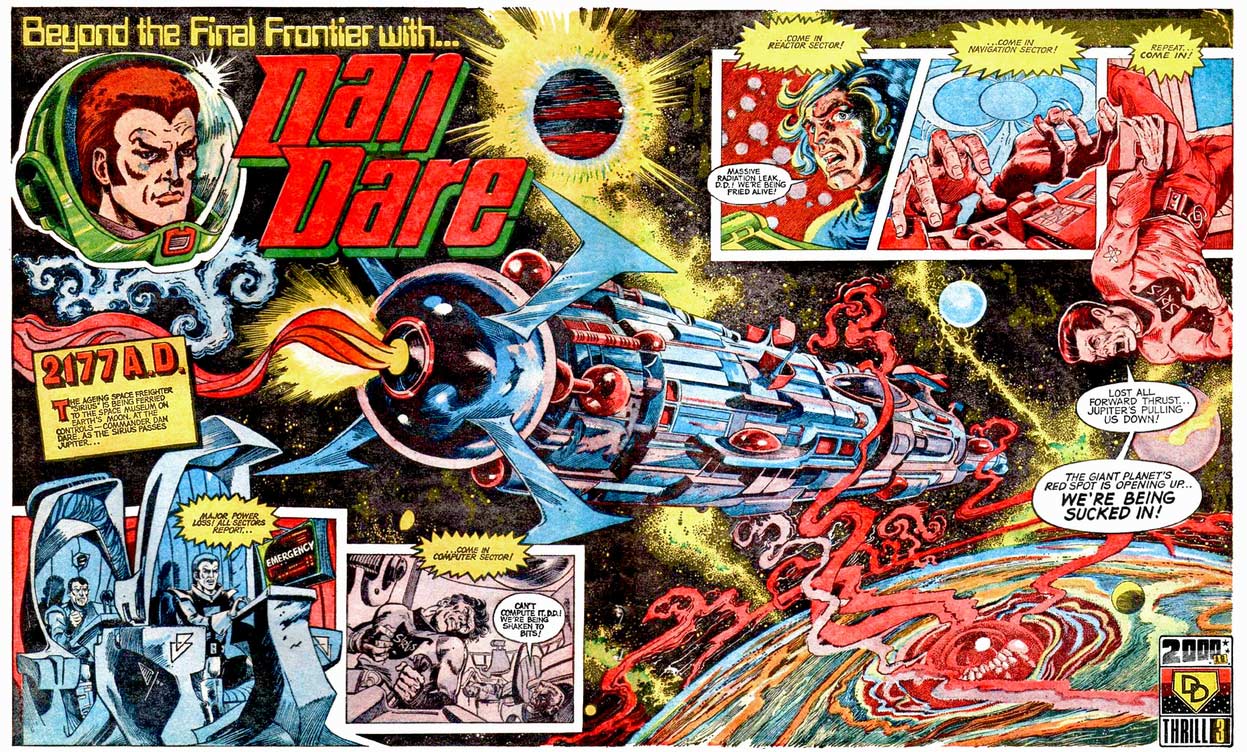 The opening spread of "Dan Dare" from 2000AD Prog 1 back in 1977. Art by Massimo Belardinelli.
