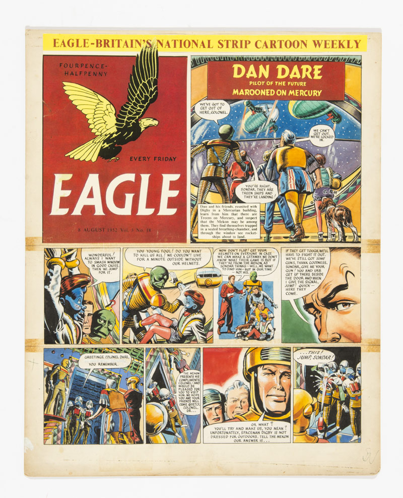 Dan Dare original cover artwork from The Eagle (1952) Vol 3: No 18 Layout and pencils by Frank Hampson, completed art by Harold Johns and Greta Tomlinson.