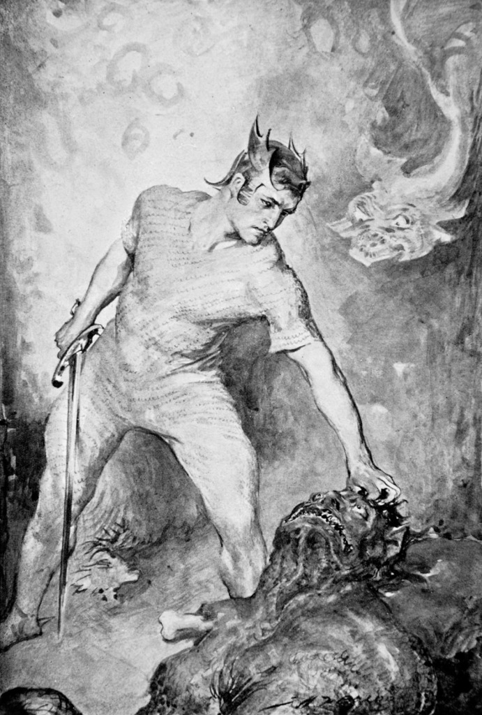 Beowulf prepares to remove the head of Grendel in an illustration from Hero-Myths and Legends of the British Race by M.I. Ebbutt, published in 1910.