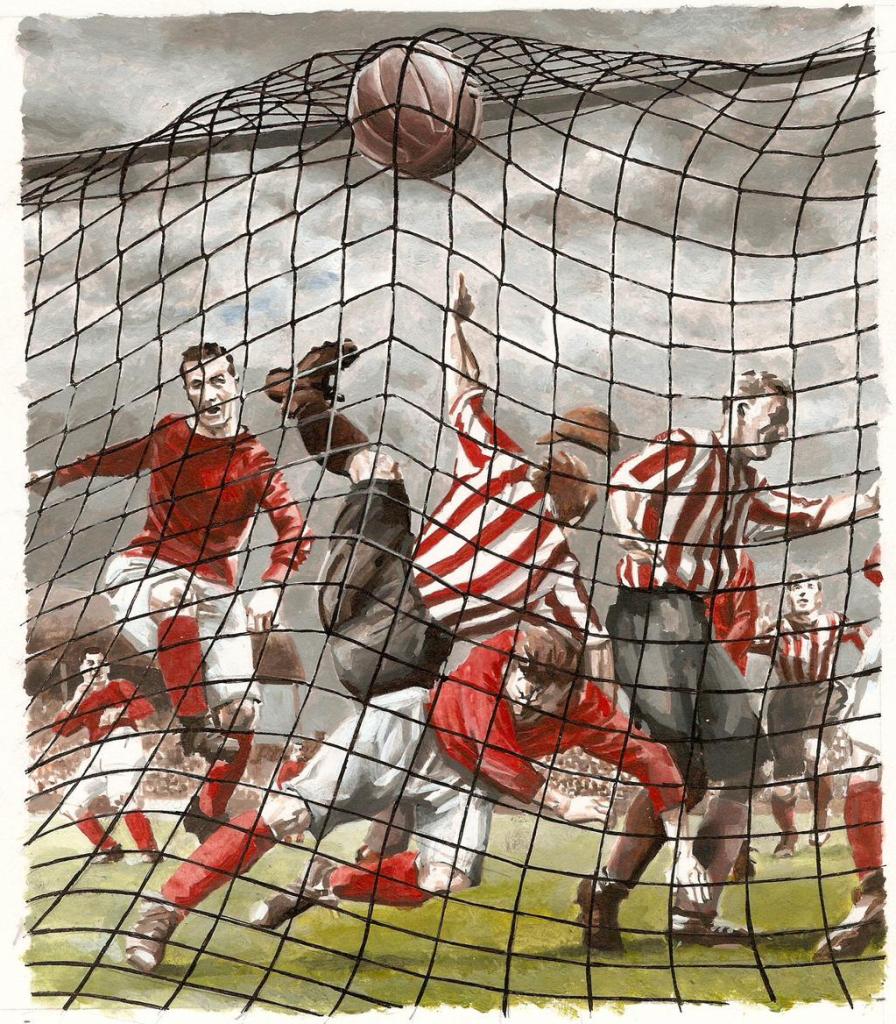 One of Richard Piers Rayner's illustrations used by When Saturday Comes to illustrate their piece. Joe Cassidy scoring the first goal at Ayresome in 1903.