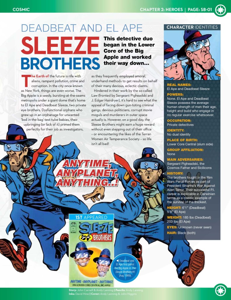 A sneak peek at one page of the Sleeze Brothers page of Marvel Fact Files 97.