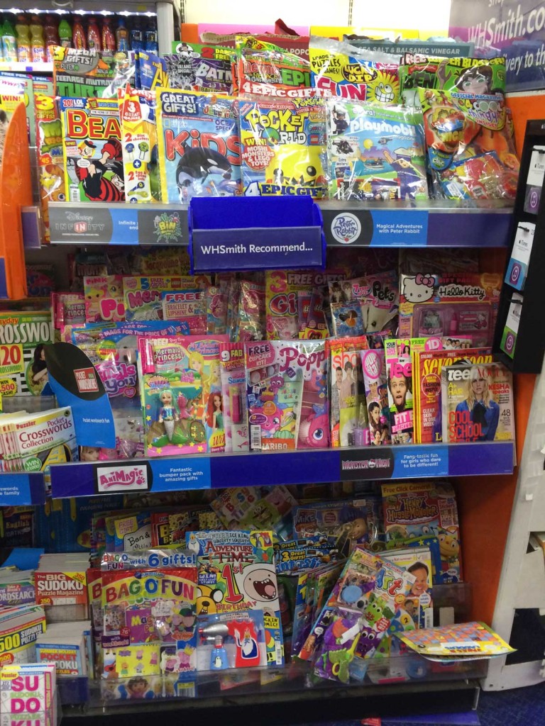 WH Smiths children's magazines rack, August 2014. Adventure comics such as 2000AD and Commando are racked in a separate section of this store.