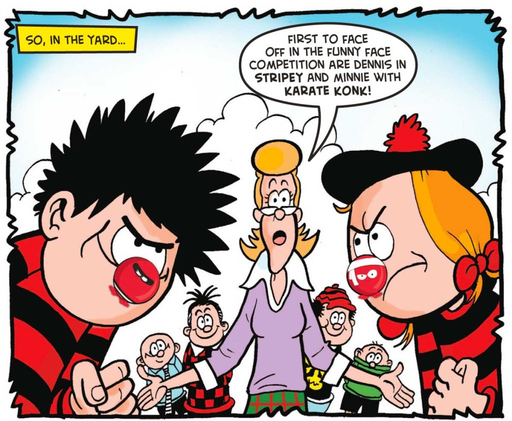 It's Dennis versus Minnie in the The Beano's Read Nose Day Special. Art by Nigel Parkinson.