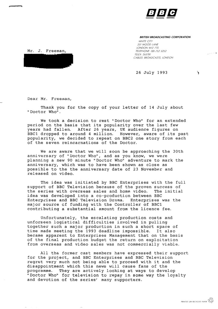 Doctor Who 1993 Series Pitch by John Freeman: BBC Reply 1