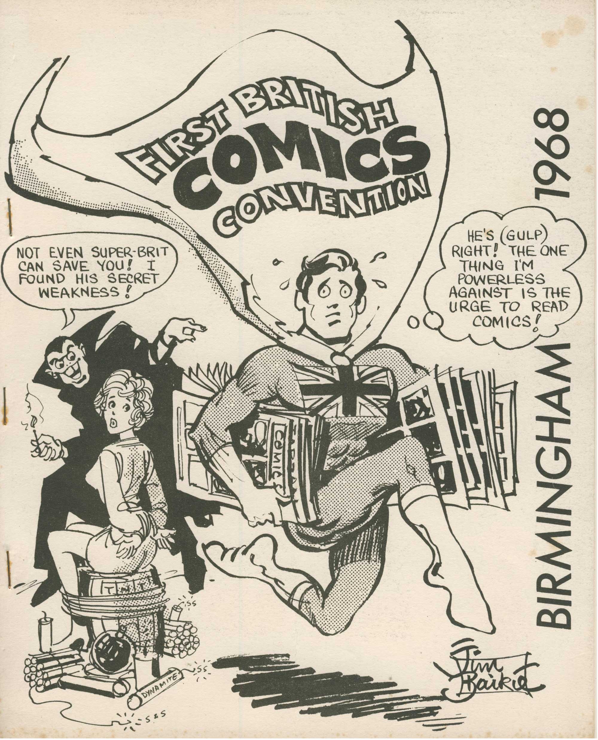 This was the planned cover for the convention booklet for the first ever British Comic Convention, but printed copies didn't arrive in the post.