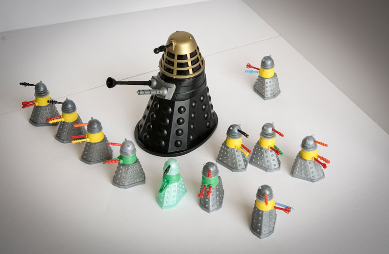 Eleven Dalek Swapits released in 1965 by  Cherilea Toys along with a Louis Marx Dalek. The Swapits were exclusive to Woolworth's and originally cost a shilling each.