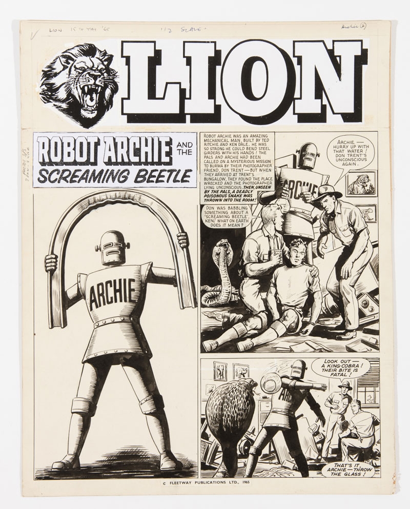 Robot Archie / Lion original cover artwork (1965) by Ted Kearon from Lion 15 May 1965 The title headers are publisher's photocopies (to save them being drawn every week) Indian ink on board,