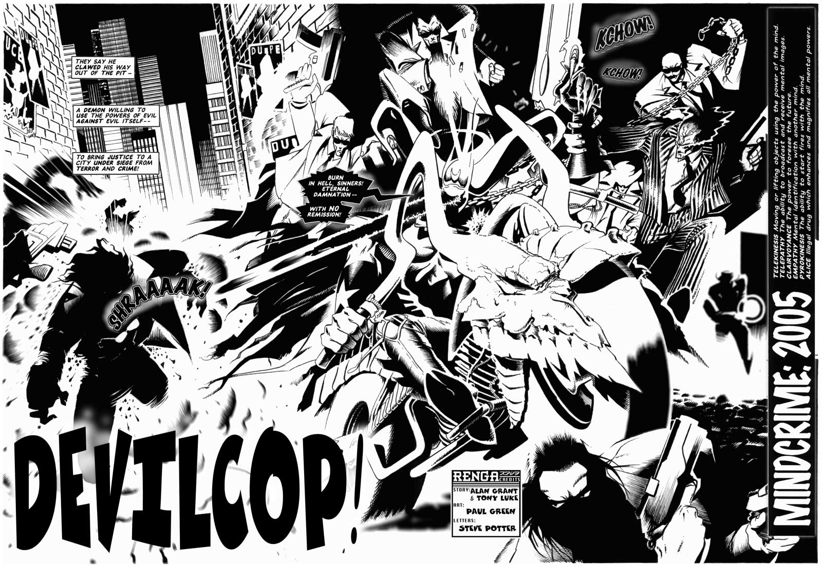The opening spread of "Devil Cop", written by Alan Grant and Tony Luke, drawn by Paul Green.