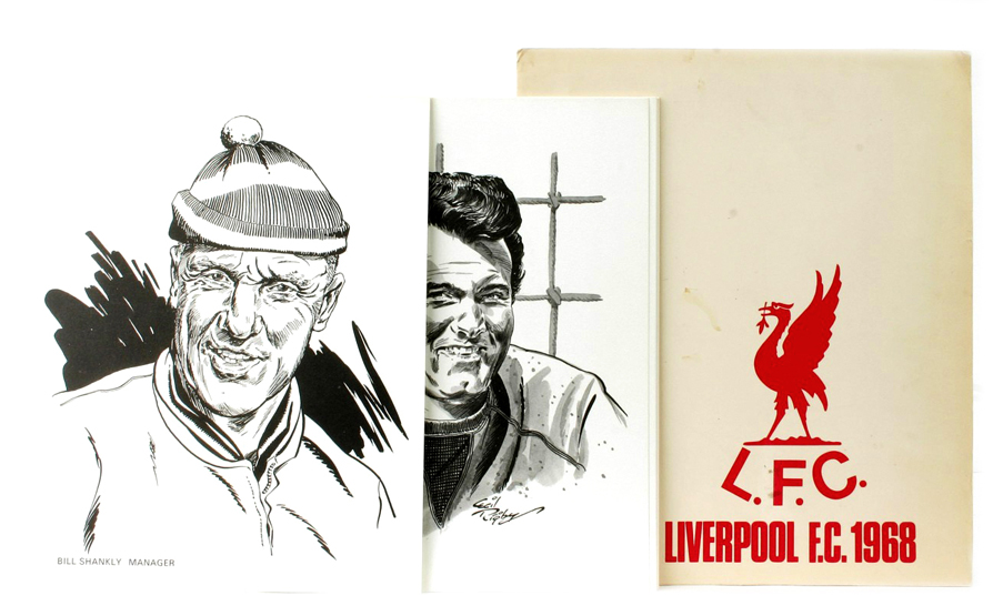 Some of Liverpool football club trading cards, released as a set of 12 in 1968 (possibly by The Sun newspaper), featuring sketches of Liverpool FC players and manager Bill Shankly by Cecil Rigby.