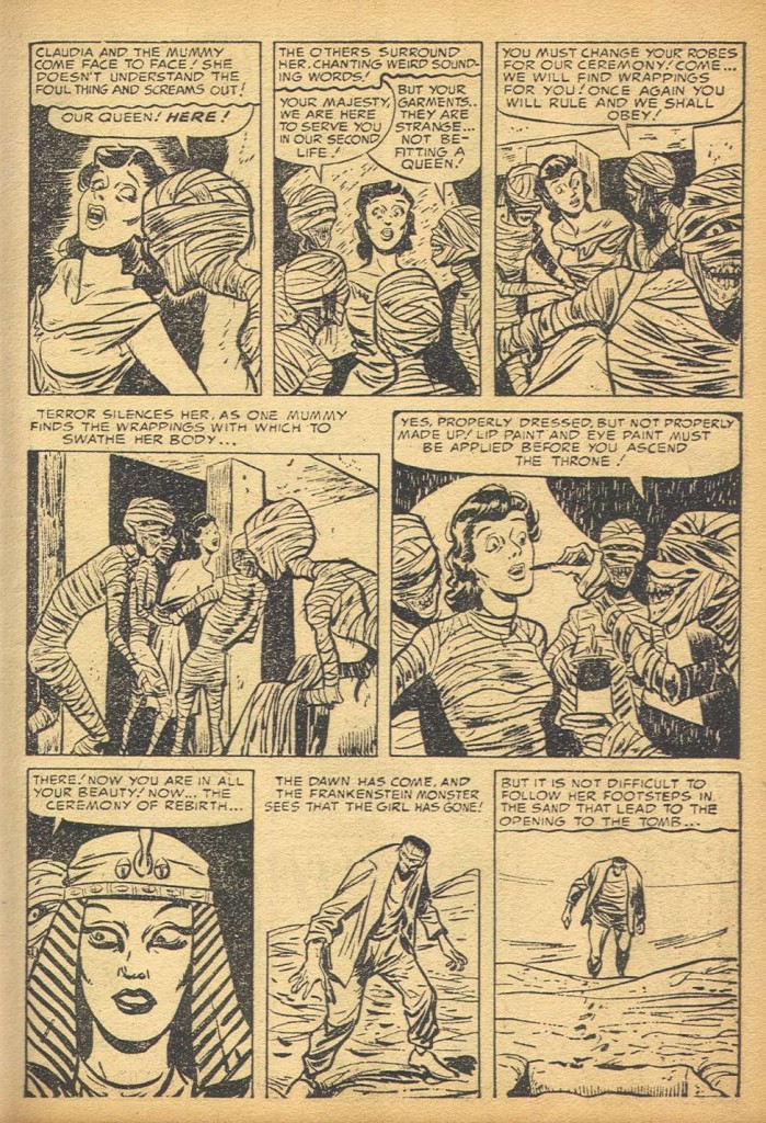 A sample page from Frankenstein Comics #2. Mummies decide to make the Frankenstein monster's hapless love interest their queen.