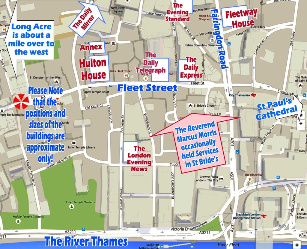 Fleet Street, 1963 - locations of interest overlaid by Roger Perry on a modern map (via Google).