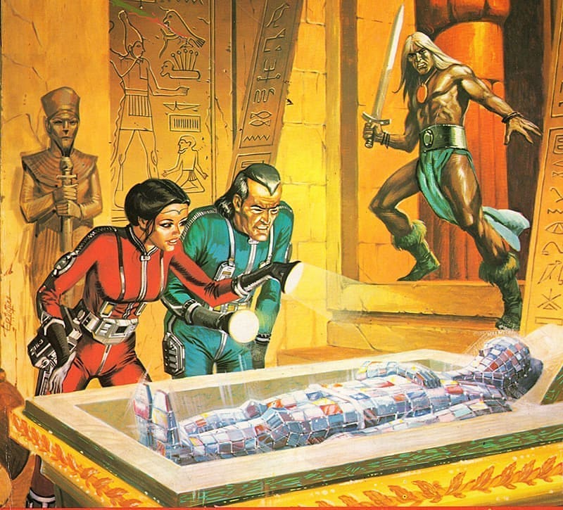 Art from one of the “Chariots of the Gods” comic strips, originally published as “Gods from Outer Space”. Although von Daniken’s name was in their covers, they were written by Alfred Gorny, editor and script writer and Auschwitz survivor Arnold Mostowicz and artist Boguslaw Polch (suggested by Grzegorz Rosinski)