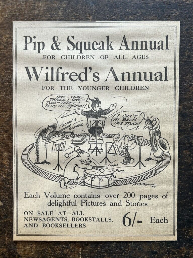 A press ad from 1924, promoting the Pip & Squeak and  Wilfred's Annuals for that year, based on the famous Daily Mirror-published characters